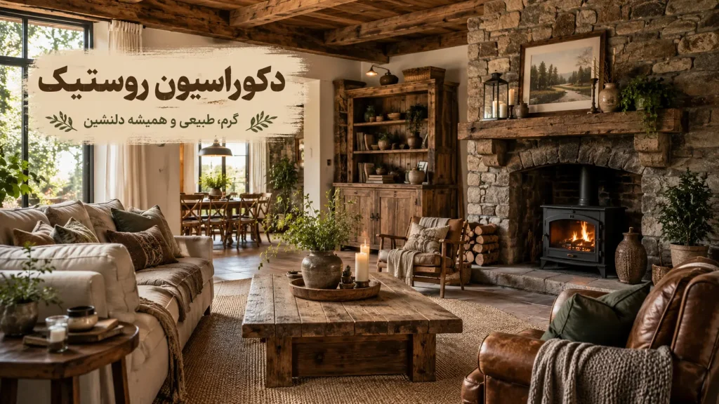 دکوراسیون روستیک در فضای نشیمن با مبلمان چوبی